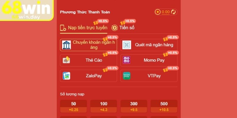Đa dạng phương thức nạp và rút tiền 68win 